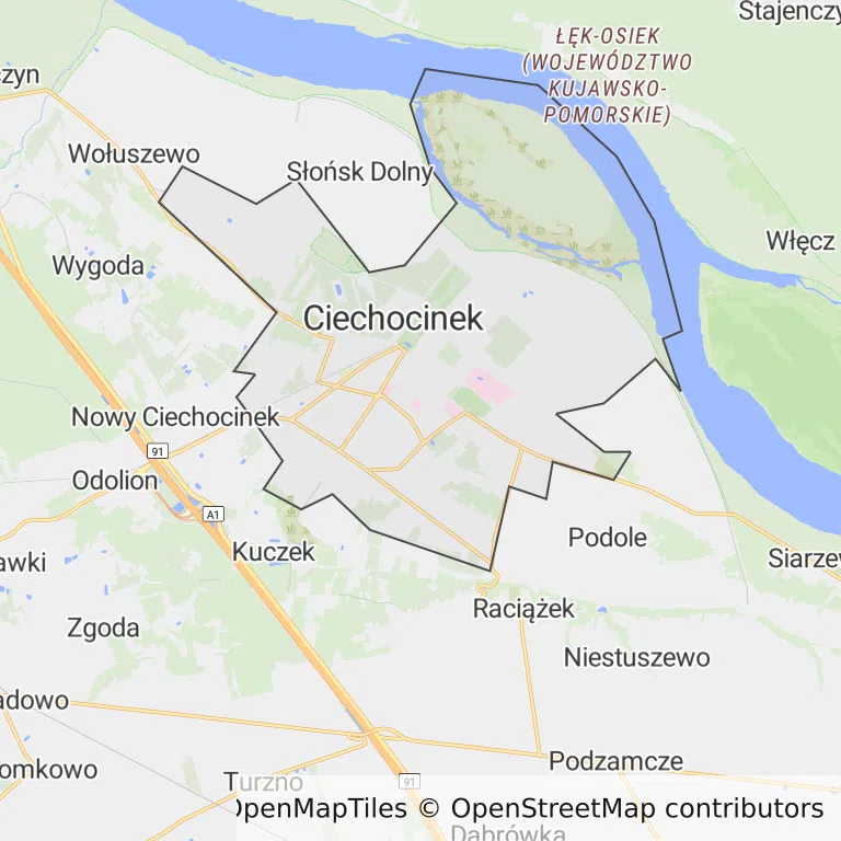 Mapa z zaznaczonym Ciechocinkiem