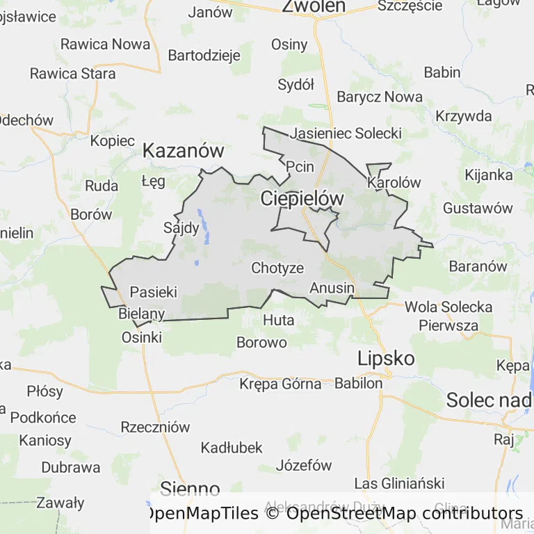 Mapa z zaznaczonym Ciepielowem