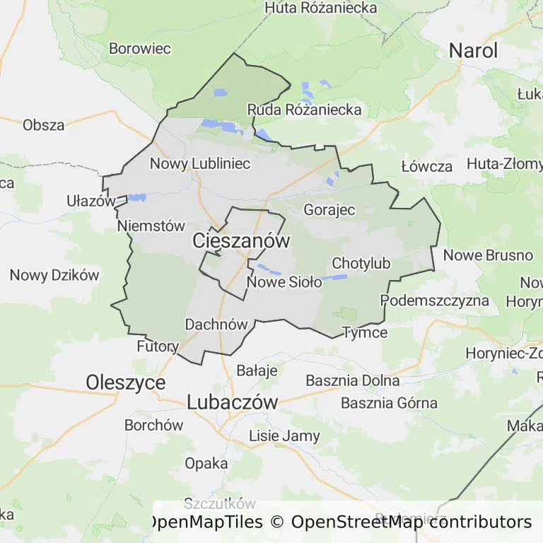Mapa z zaznaczonym Cieszanowem