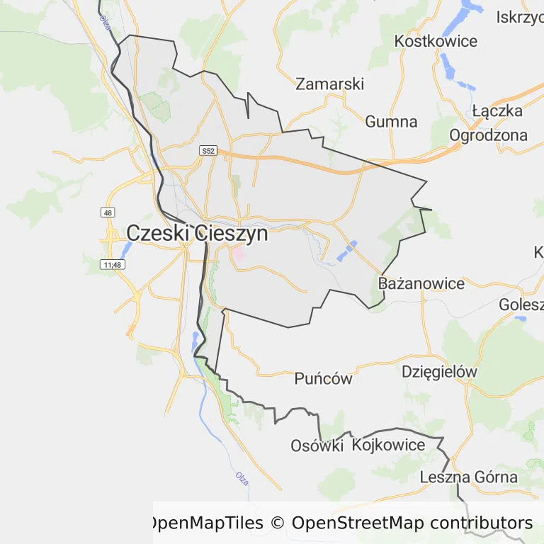 Mapa z zaznaczonym Cieszynem
