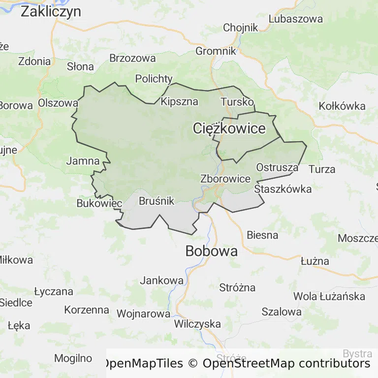 Mapa z zaznaczonymi Ciężkowicami