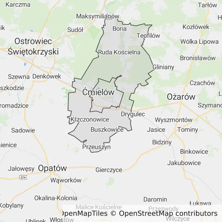 Mapa z zaznaczonym Ćmielowem