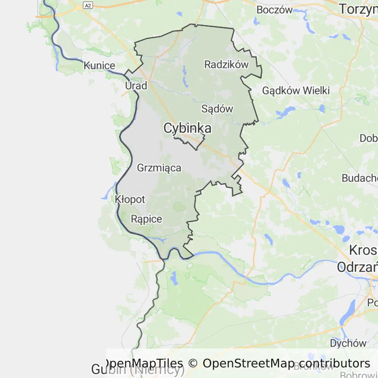 Mapa z zaznaczoną Cybinką