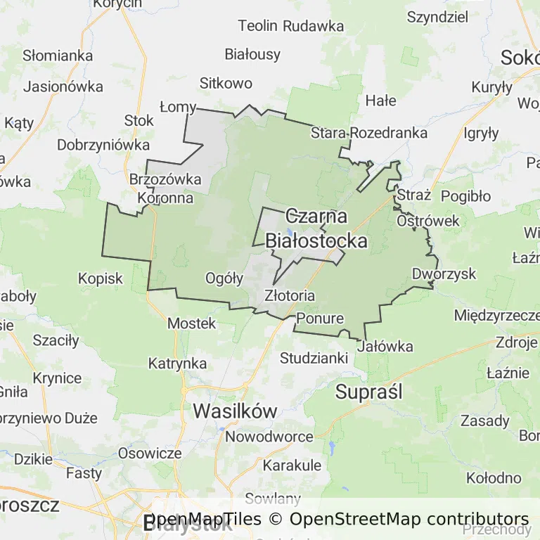 Mapa z zaznaczoną Czarnej Białostockiej