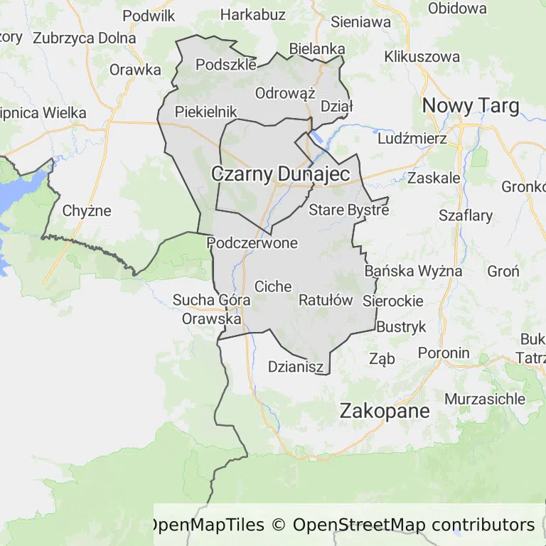 Mapa z zaznaczonym Czarnym Dunajcu