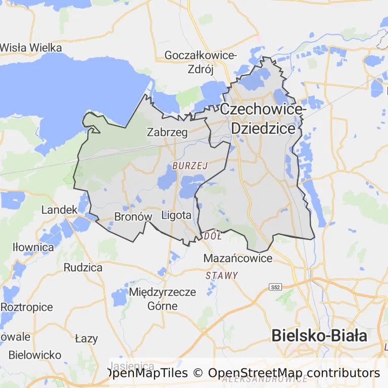 Mapa z zaznaczonymi Czechowicach-Dziedzicami