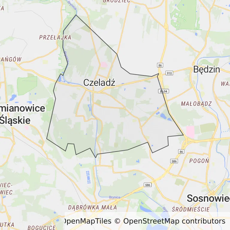 Mapa z zaznaczonym Czeladzi