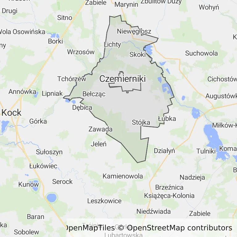 Mapa z zaznaczonym Czemiernikami
