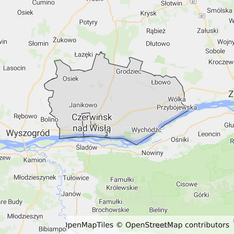 Mapa z zaznaczonym Czerwińsku nad Wisłą