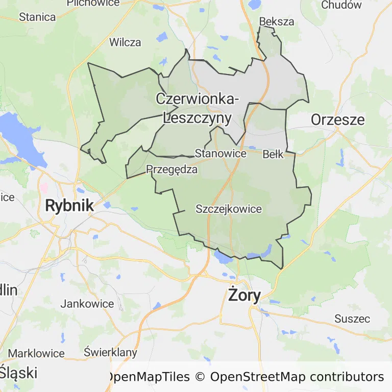 Mapa z zaznaczonym Czerwionce-Leszczynami
