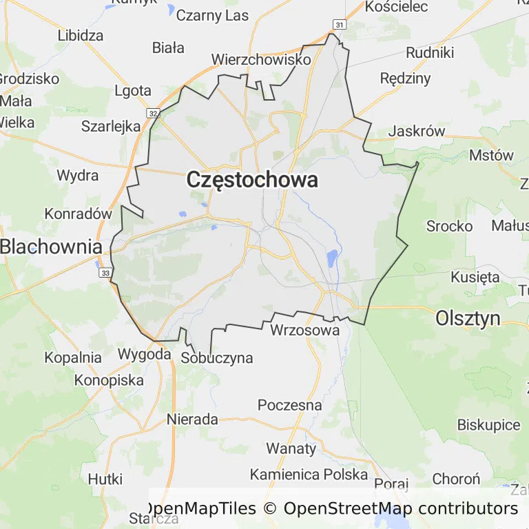 Mapa z zaznaczoną Częstochową
