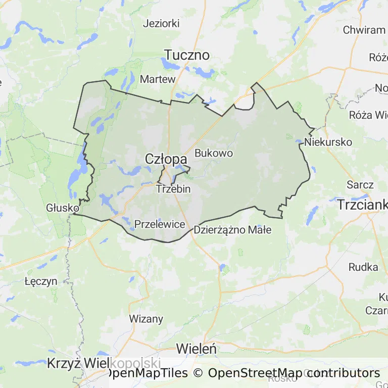Mapa z zaznaczoną Człopem