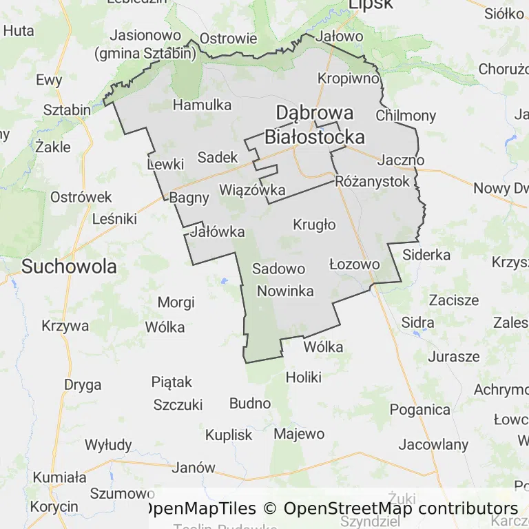 Mapa z zaznaczoną Dąbrowie Białostockiej