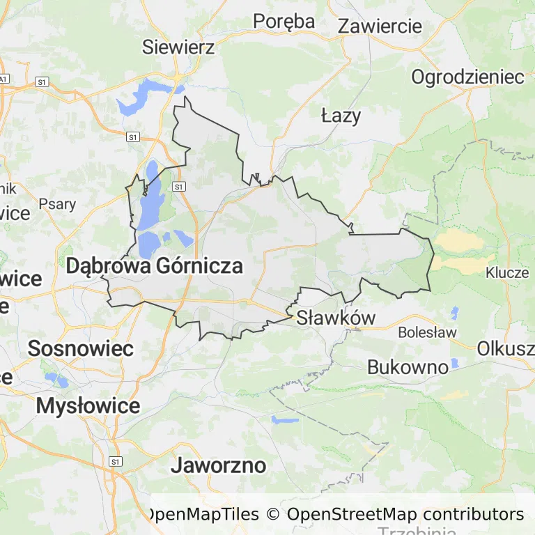 Mapa z zaznaczoną Dąbrowie Górniczej