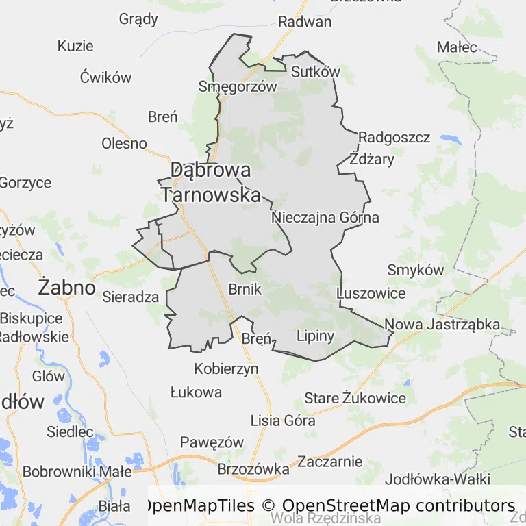 Mapa z zaznaczoną Dąbrowie Tarnowskiej
