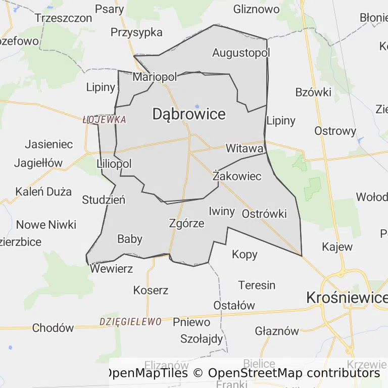 Mapa z zaznaczonymi Dąbrowicami