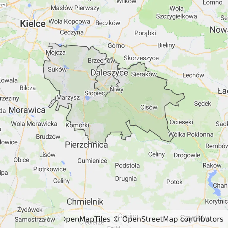 Mapa z zaznaczonymi Daleszycami