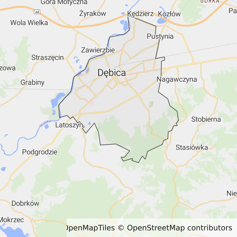 Mapa z zaznaczonym Dębicy