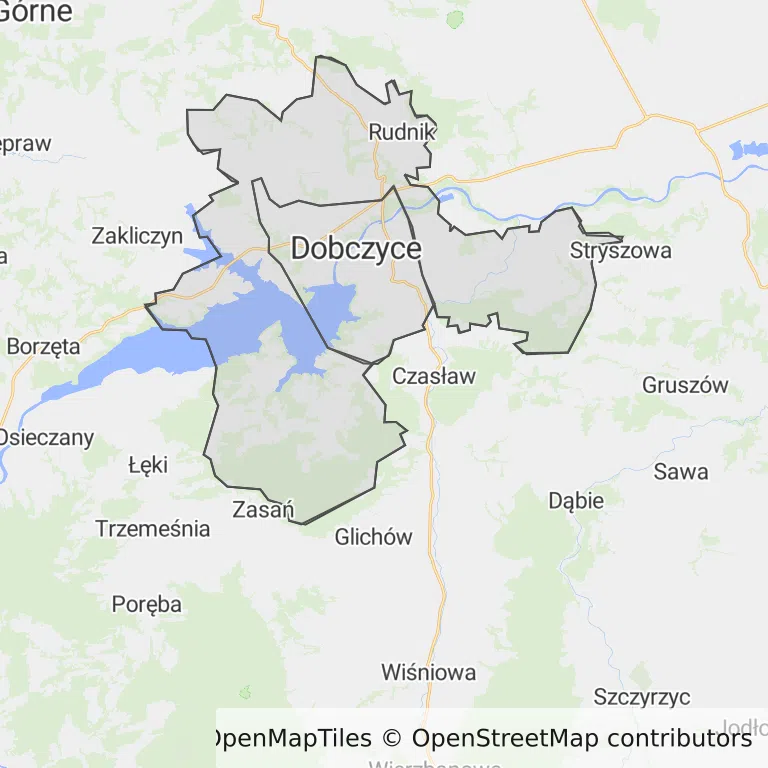 Mapa z zaznaczonymi Dobczycami