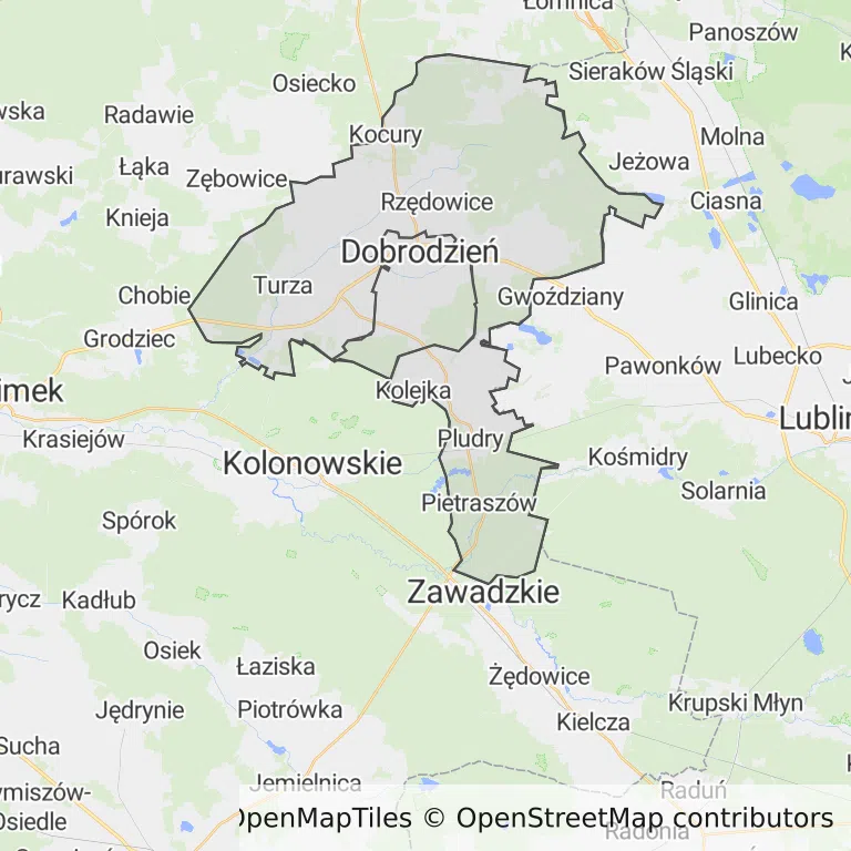 Mapa z zaznaczonym Dobrodzieniu