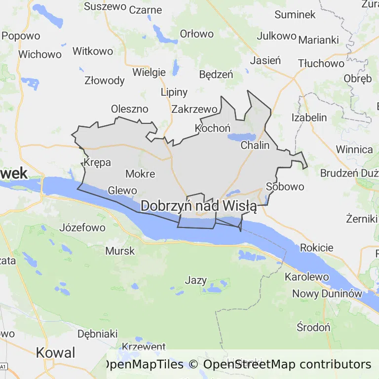 Mapa z zaznaczonym Dobrzyniu nad Wisłą