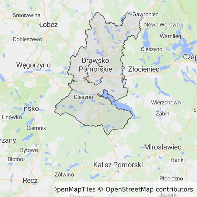 Mapa z zaznaczonym Drawsku Pomorskim