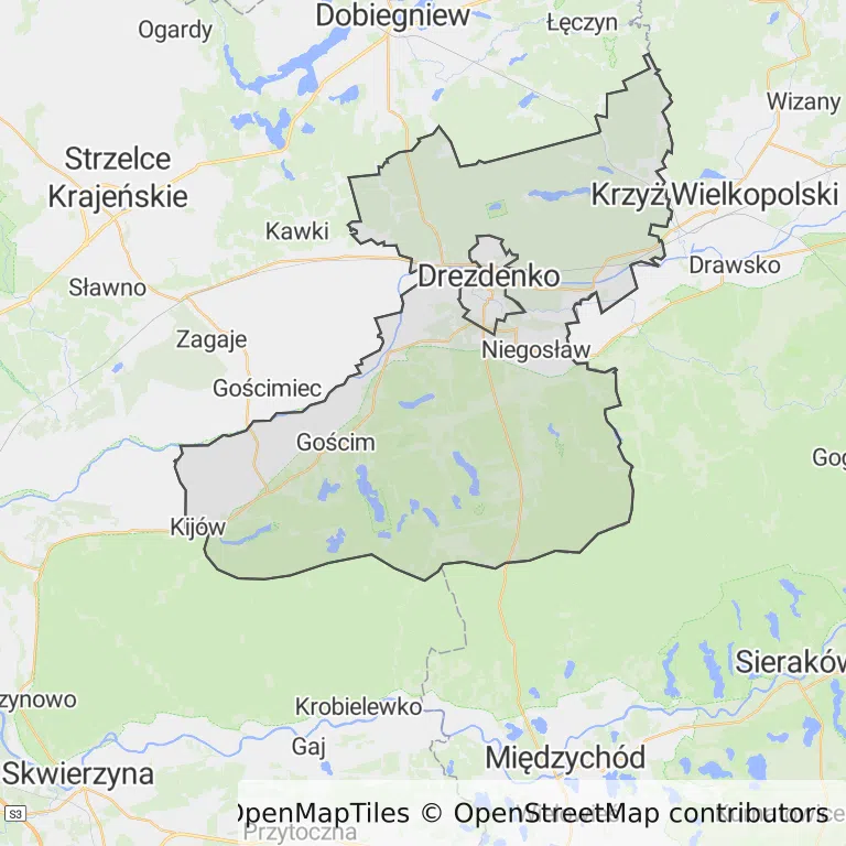 Mapa z zaznaczonym Drezdenkiem