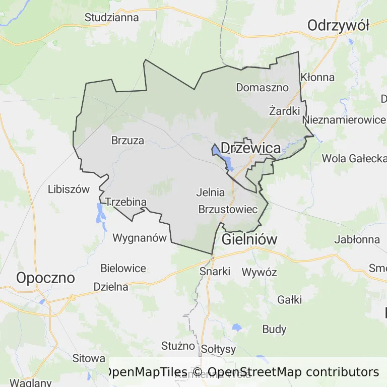 Mapa z zaznaczonym Drzewicy