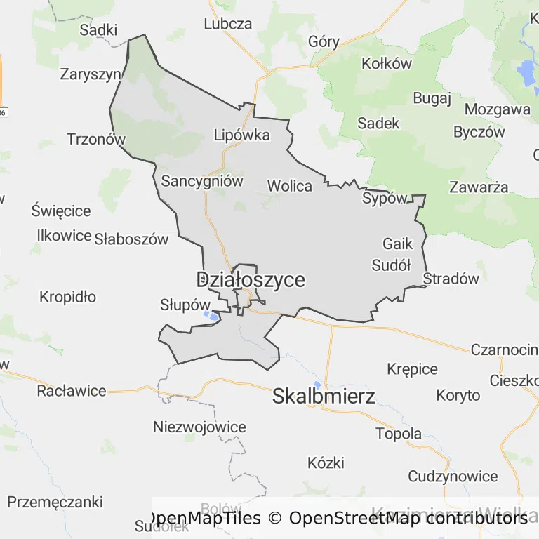 Mapa z zaznaczonymi Działoszycami