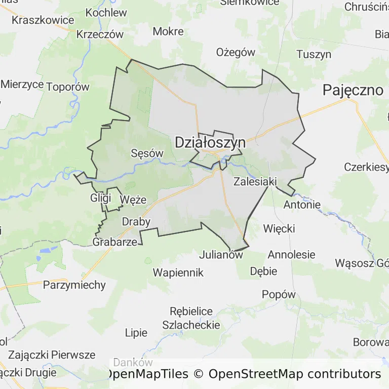 Mapa z zaznaczonym Działoszynem