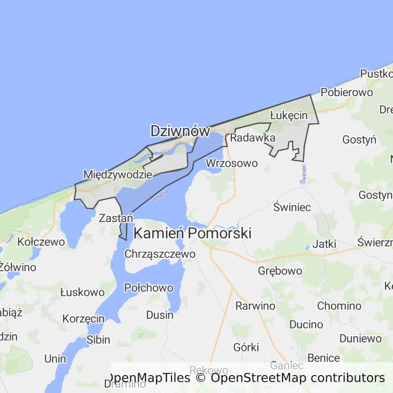 Mapa z zaznaczonym Dziwnowem