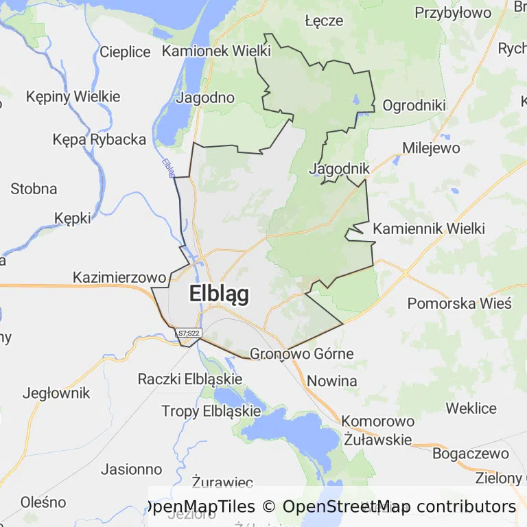 Mapa z zaznaczonym Elblągiem