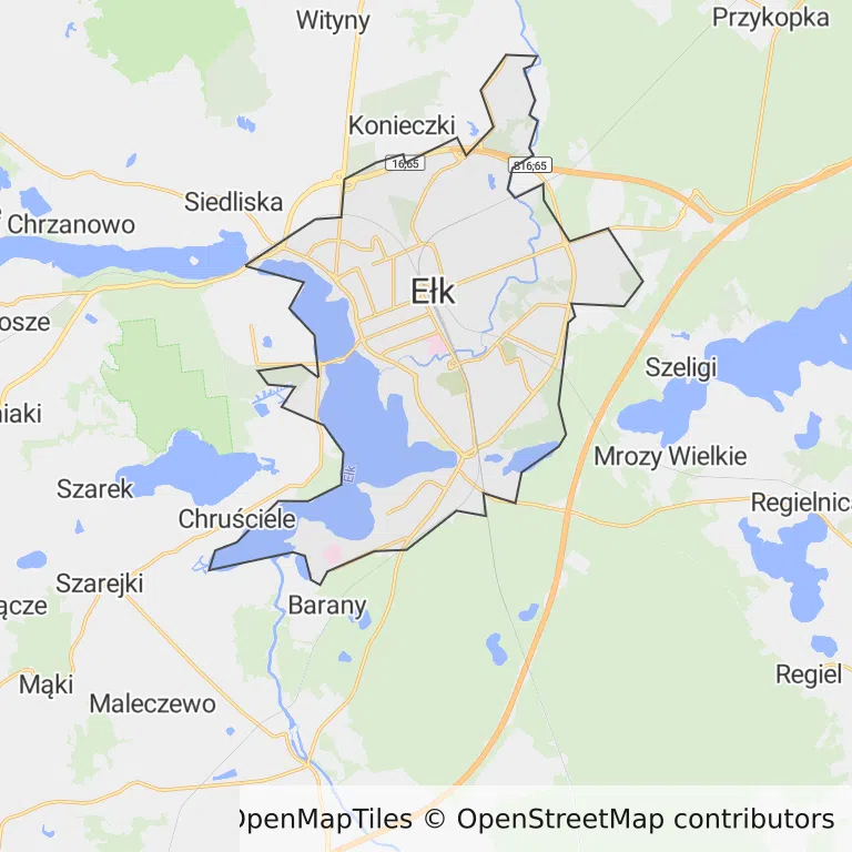 Mapa z zaznaczonym Ełkiem