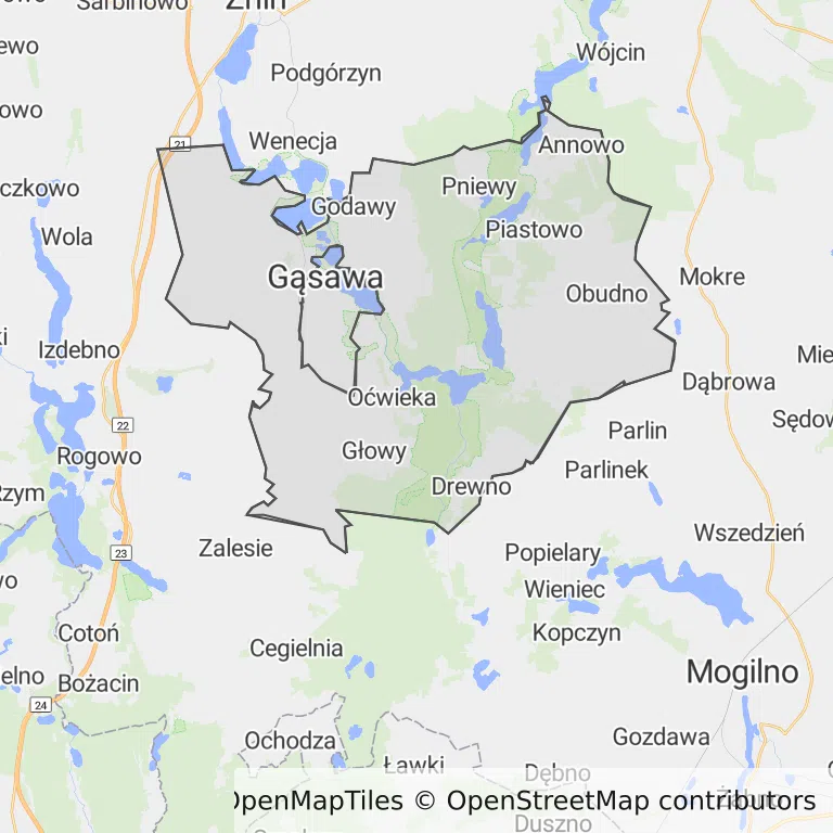 Mapa z zaznaczoną Gąsawem
