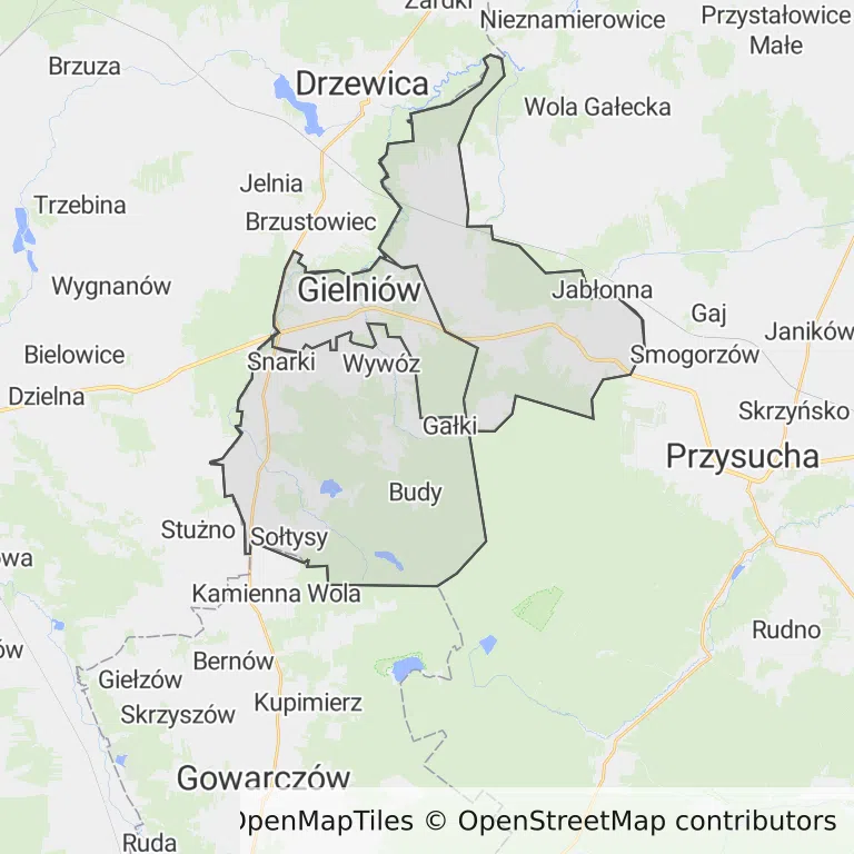 Mapa z zaznaczonym Gielniowem