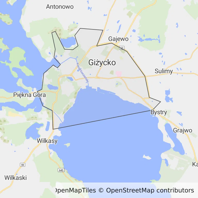 Mapa z zaznaczonym Giżyckiem
