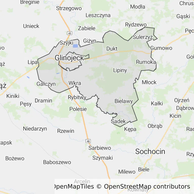 Mapa z zaznaczonym Glinojeckiem
