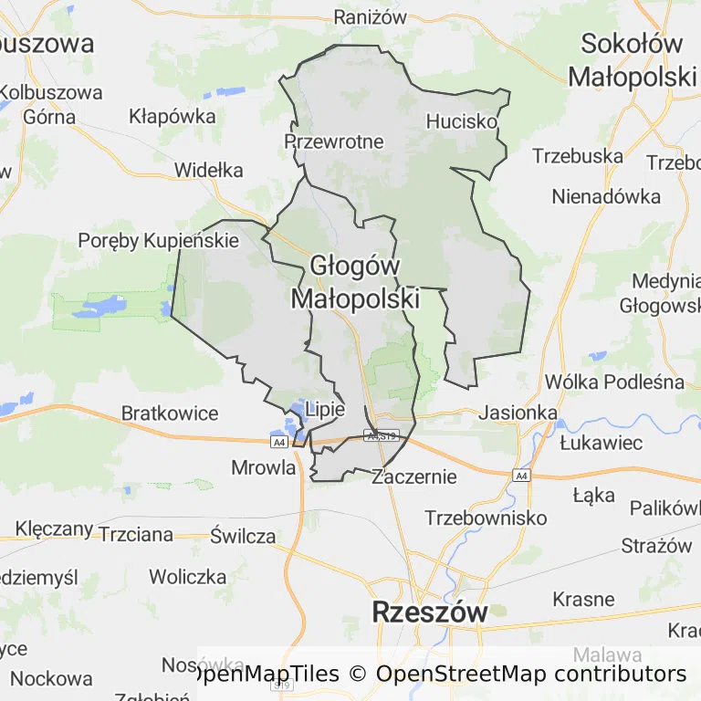 Mapa z zaznaczonym Głogowie Małopolskim