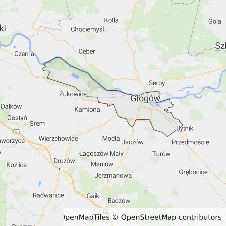 Mapa z zaznaczonym Głogowem