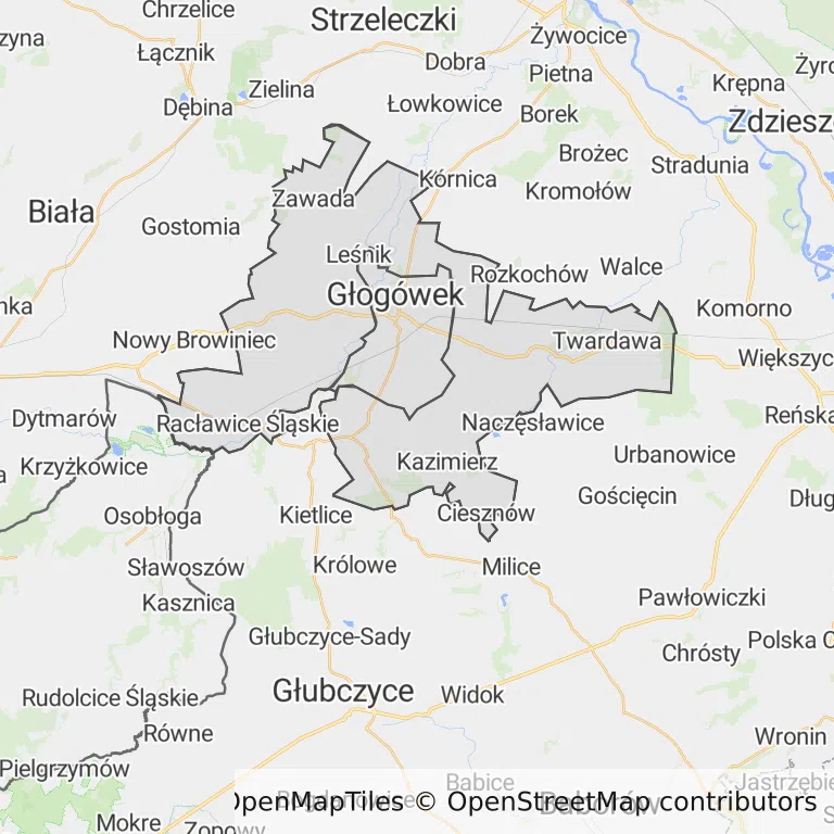 Mapa z zaznaczonym Głogówkiem