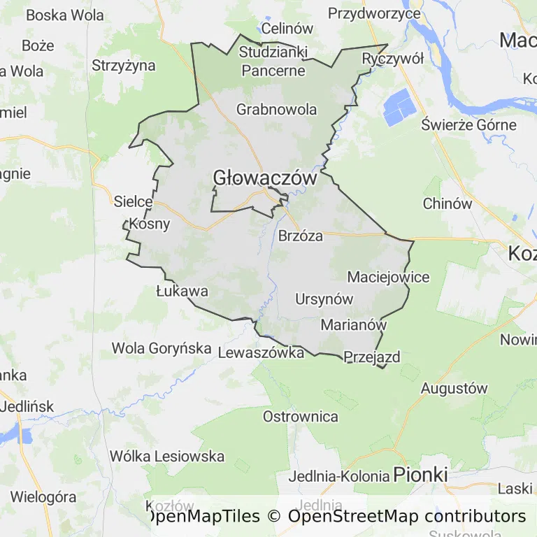 Mapa z zaznaczonym Głowaczowem