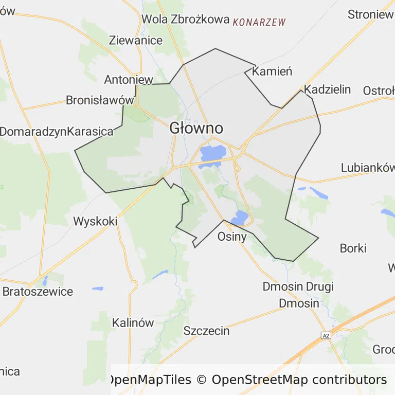 Mapa z zaznaczonym Głownem