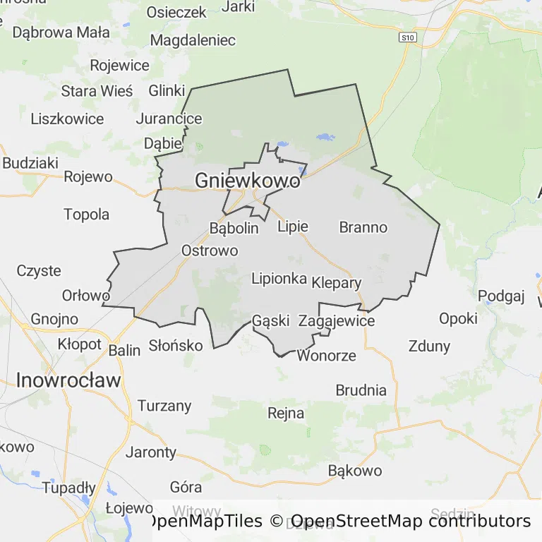 Mapa z zaznaczonym Gniewkowem