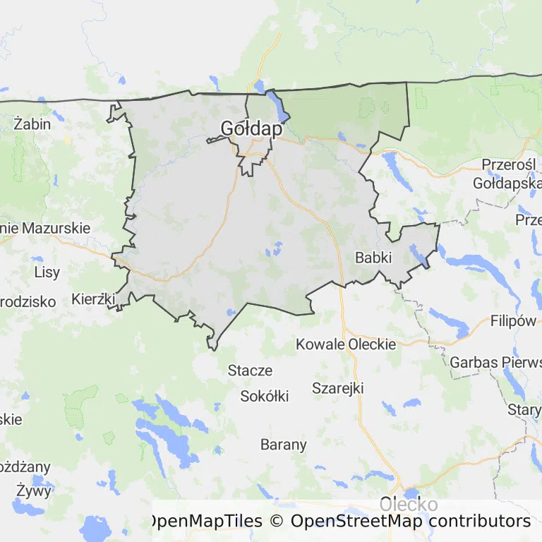 Mapa z zaznaczonym Gołdapi