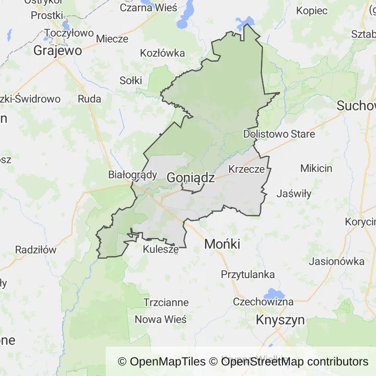 Mapa z zaznaczonym Goniądzem