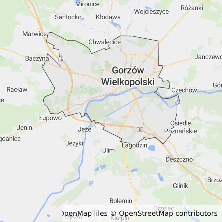 Mapa z zaznaczonym Gorzowie Wielkopolskim