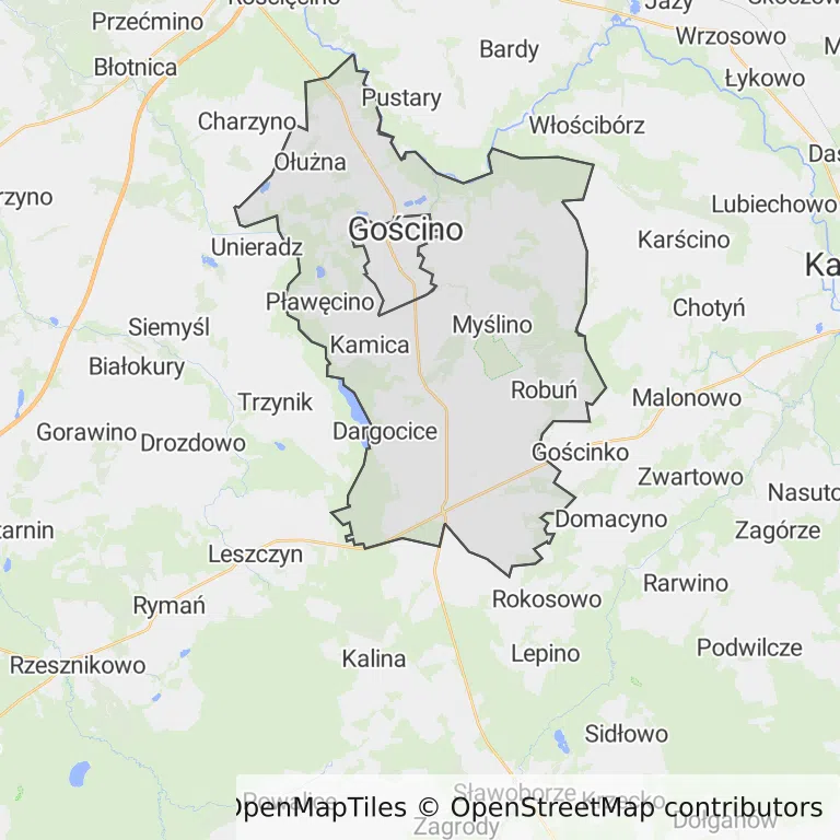 Mapa z zaznaczonym Gościnem