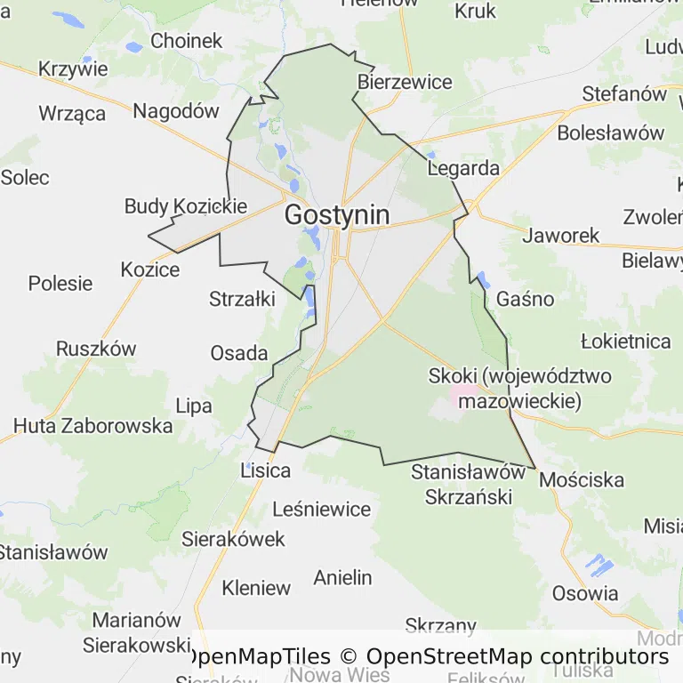 Mapa z zaznaczonym Gostyninem
