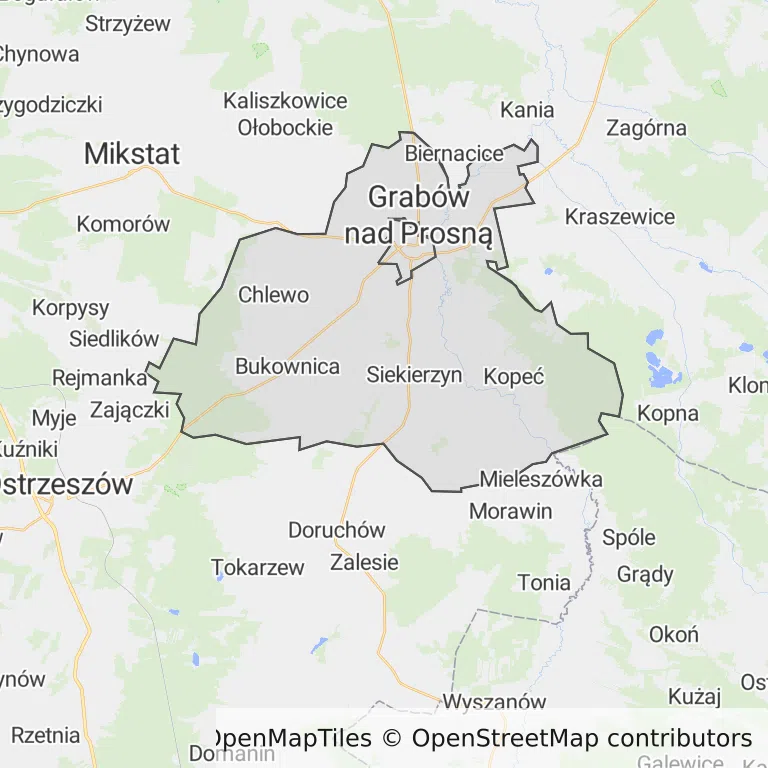 Mapa z zaznaczonym Grabowie nad Prosną