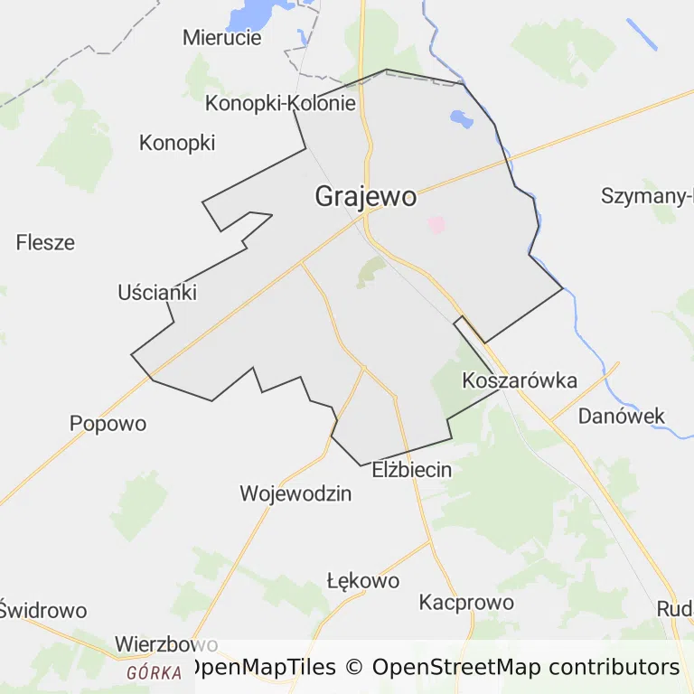 Mapa z zaznaczonym Grajewem